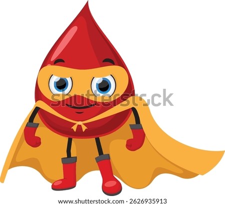 Cute Red blood drop superhero cartoon, isolated on white backgrounds