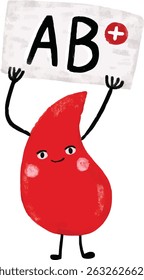 cute red blood drop type AB donor rhesus positive character cartoon doodle crayon watercolor kids illustration donate donation save lives vector clipart sticker