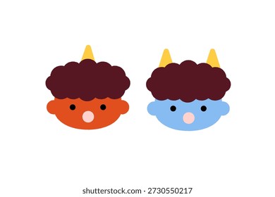 Lindo Oni Rojo y Azul con Cara Sorprendida Comiendo Frijoles Ilustración para Setsubun Evento Japonés