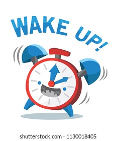 Cute red and blue vector illustration of a cartoon alarm clock screaming wake up