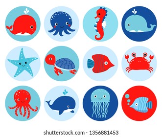 Cute Red And Blue Vector Ocean Themed Icons Or Stickers With Sea Animals For Summer And Nautical Designs