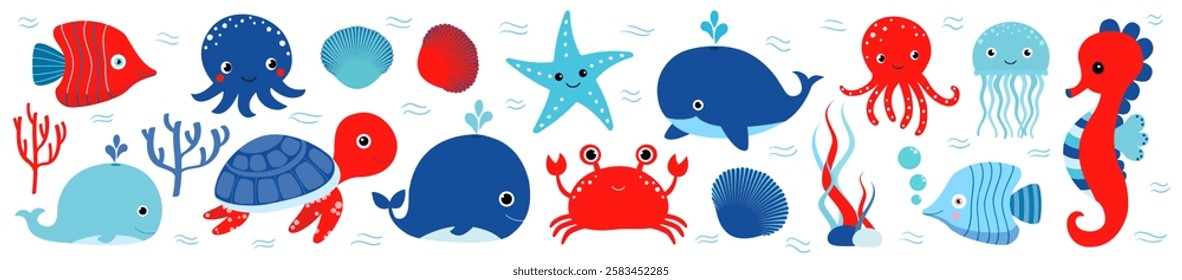 Cute red and blue vector sea animals, kawaii ocean creatures, whale, fish, crab, octopus, jellyfish for summer kids designs