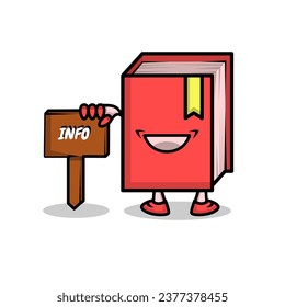 The cute red book character holds a sign that says info on a white background. Vector design