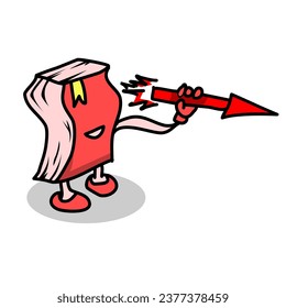 A cute red book character holds a rocket on a white background. Vector design