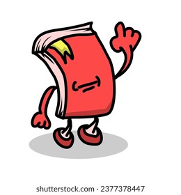 El lindo personaje de un libro rojo está levantando una mano contra un fondo blanco. Diseño de vectores