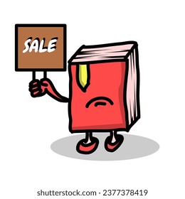 A cute red book character stood holding up a sign that read sale on a white background. Vector design
