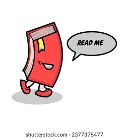 The cute red book character walks saying the word read me on a white background. Vector design