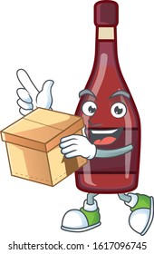 Cute red bottle wine cartoon character having a box