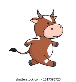 Cute red bull or cow runs, goes in for sports, athletics.  2021 is the year of the Ox according to Chinese calendar. Ready-to-print stock flat illustration isolated on white background