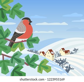 Cute red Bullfinch bird sitting on tree. Minimal cartoon style winter birds of woodland, backyard. Birdwatching design idea. Merry Christmas, New year eve greeting card background. Vector illustration