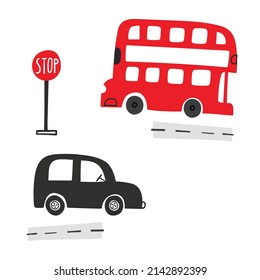 cute red bus and black car vector illustration