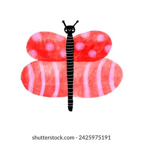 Cute Red Butterfly. Childish Drawing-like Funny Butterfly with Pink Dots and Stripes on its Wings. Infantile Style Nursery Vector Art Perfect for Card, Wall Art, Kids' Room Decoration. RGB. No text. 