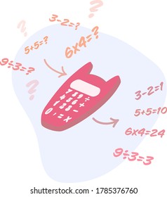 Cute red calculator vector flat illustration on blue background. Calculator with ears in the form of a cat. Nice girl stuff stylization. Back to school