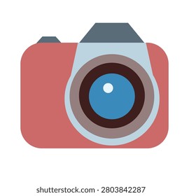Cute red camera vector icon with blue lens. Perfect flat digital camera illustration for photography logo, web design, and creative projects.