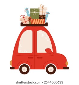 Cute red car carries a lot of gifts. Birthday and Christmas icon. Color vector illustration on a white background.