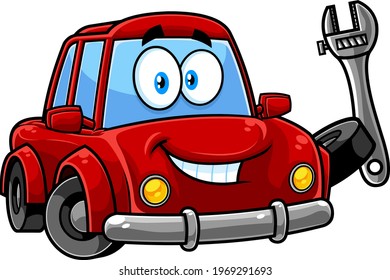 Cute Red Car Cartoon Character Holding Up A Wrench. Vector Hand Drawn Illustration Isolated On Transparent Background