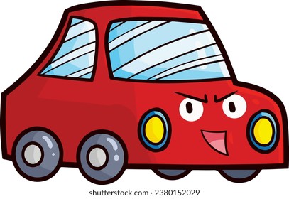 Cute red car cartoon character illustration with happy expression