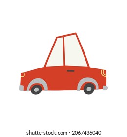 Cute red car isolated on white. Cartoon car textured doodle drawing clipart. Scandinavian style flat vector illustration, childrens print