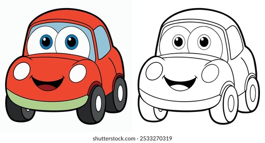 Süße rote Auto Maskottchen Cartoon-Seite für Kinder druckbar. Auto-Maskottchen. Auto Malbuch