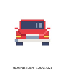 Cute red car. School bus. Pixel art flat style. Logo taxi, transport company. Icon for websites, web design, mobile app. 8-bit sprite. Game assets. Isolated vector illustration. 