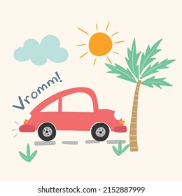 cute red car vector illustration tropical background