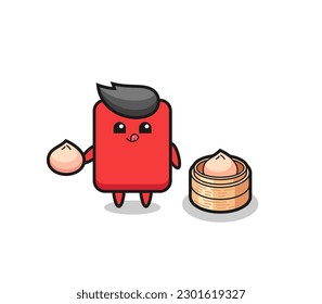 cute red card character eating steamed buns , cute style design for t shirt, sticker, logo element