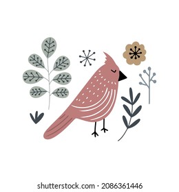 Cute red cardinal bird with branches and leaves, Scandinavian style isolated hand drawn vector clipart