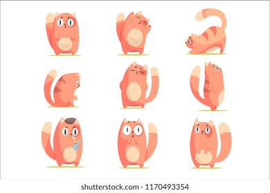 Cute red cartoon cat character with different emotions set of vector Illustrations