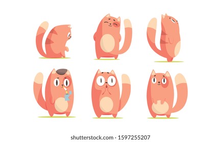 Cute Red Cartoon Cat Character Expressing Different Emotions Vector Set
