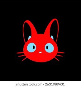 Cute Red Cartoon Cat Face with Blue Eyes on Black Background
