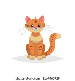 Cute red cartoon cat sitting. Domestic ginger farm animal. Pet drawing. Flat comic style. Ideal for education. Vector illustration isolated on white background.