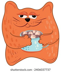A cute red cartoon cat with sly eyes and a long mustache holds a cup of cocoa with marshmallows in its paws. Vector image for badges, stickers