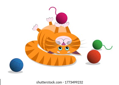A cute red cartoon fat cat, kitty with a funny muzzle, face lies on its back and holds in its paws, plays a balls of thread. Cat with blue eyes, long mustache, sharp ears and claws. For pets shop