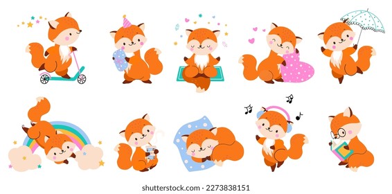 Cute red cartoon fox mascot. Autumn foxes, forest wildlife animals. Isolated foxy sleep, jump with umbrella, drink coffee. Funny nowaday vector graphic