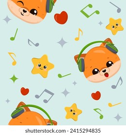 Cute red cartoon fox wearing headphones sings into a microphone. Asterisks. Notes. Hearts. Printing on children s fabrics, greeting cardфs, posters. Hand drawn vector illustration.