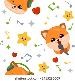 Cute red cartoon fox wearing headphones sings into a microphone. Asterisks. Notes. Hearts. Printing on children s fabrics, greeting cardфs, posters. Hand drawn vector illustration.