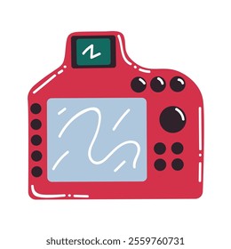 Cute red cartoon modern photo camera in flat style, front view. Photo equipment isolated on white background.