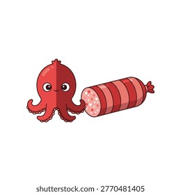 Cute red cartoon octopus with big eyes next to a sliceable sausage link