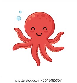 A cute red cartoon octopus smiling happily underwater with bubbles floating nearby. Its playful expression and rounded design give it a friendly, cheerful vibe.

