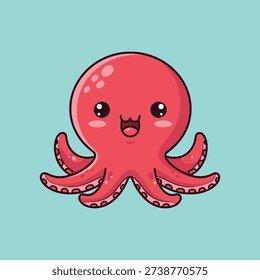 Cute red cartoon octopus with smiling face and raised tentacles