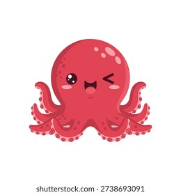 Cute red cartoon octopus winking with closed mouth smile