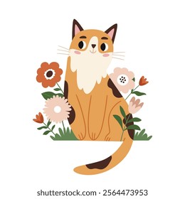 Cute red cat among flowers. Spring illustration. T shirt print, wall art, poster, postcard, banner design element.