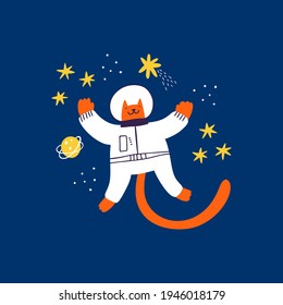 Cute red cat astronaut flying in outer space. Hand drawn kitty wearing spacesuit, sketchy planet, comet, galaxy stars. Cartoon cosmos animal character. Funny universe traveler, kid vector illustration