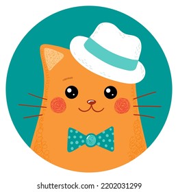 Cute Red Cat. Avatar of a Funny Pet in a white hat and bow tie. Colorful portrait of kitten. User profile. Vector icon with smiling feline character in a circle. Hand drawn flat cartoon illustration. 