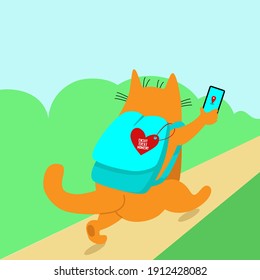 Cute red cat with backpack is travelling. Funny character, concept for vacation, outdoor activities, tourism, hiking, adventures moments. Vector illustration, flat design