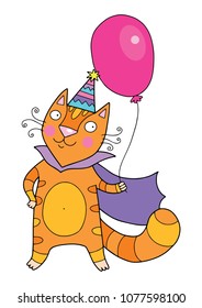 Cute red cat in the cape with the party hat and a balloon. Perfect hand drawn vector illustration for a birthday card or a celebration party invitation.