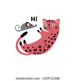 Cute red cat in cartoon style with mouse and word - hi, isolated on white background. Kids background in vector.