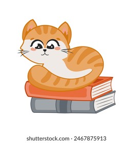 Nette rote Katze Figur, die auf dem Stapel von Büchern im Cartoon-Stil, pädagogische oder Lesekonzept für Kinder liegt