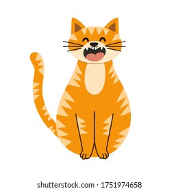 Cute red cat character, sitting with eye closed and meowing. Funny kitten isolated element. Vector illustration