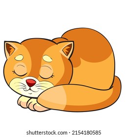cute red cat character sleeping curled up, cartoon illustration, isolated object on white background, vector, eps